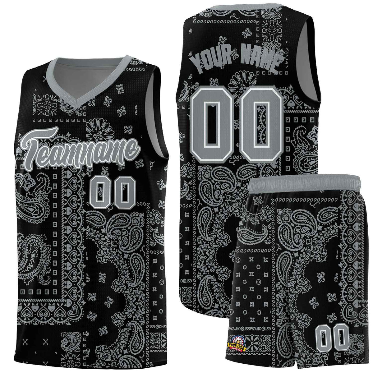 Custom Black Basketball Kits With Silver Cashew Flower Print Pattern