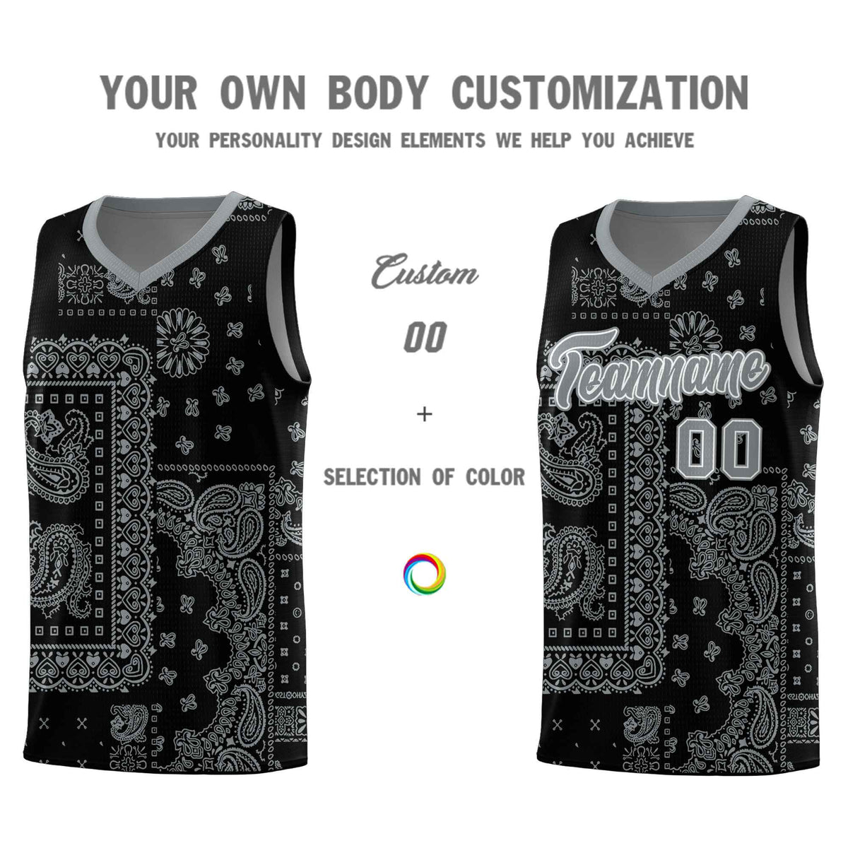 Custom Black Basketball Kits With Silver Cashew Flower Print Pattern
