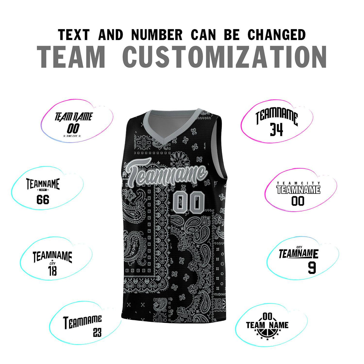 Custom Black Basketball Kits With Silver Cashew Flower Print Pattern