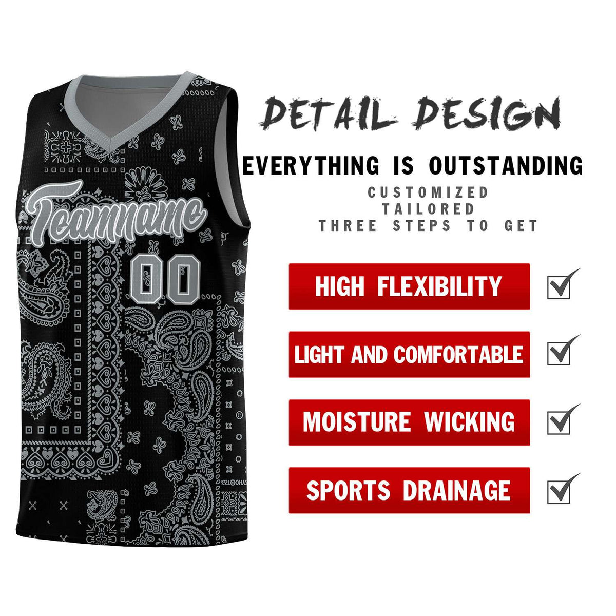 Custom Black Basketball Kits With Silver Cashew Flower Print Pattern