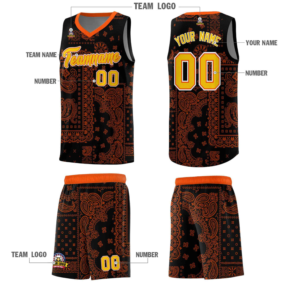 Custom Black Basketball Kits With Orange Cashew Flower Print Pattern