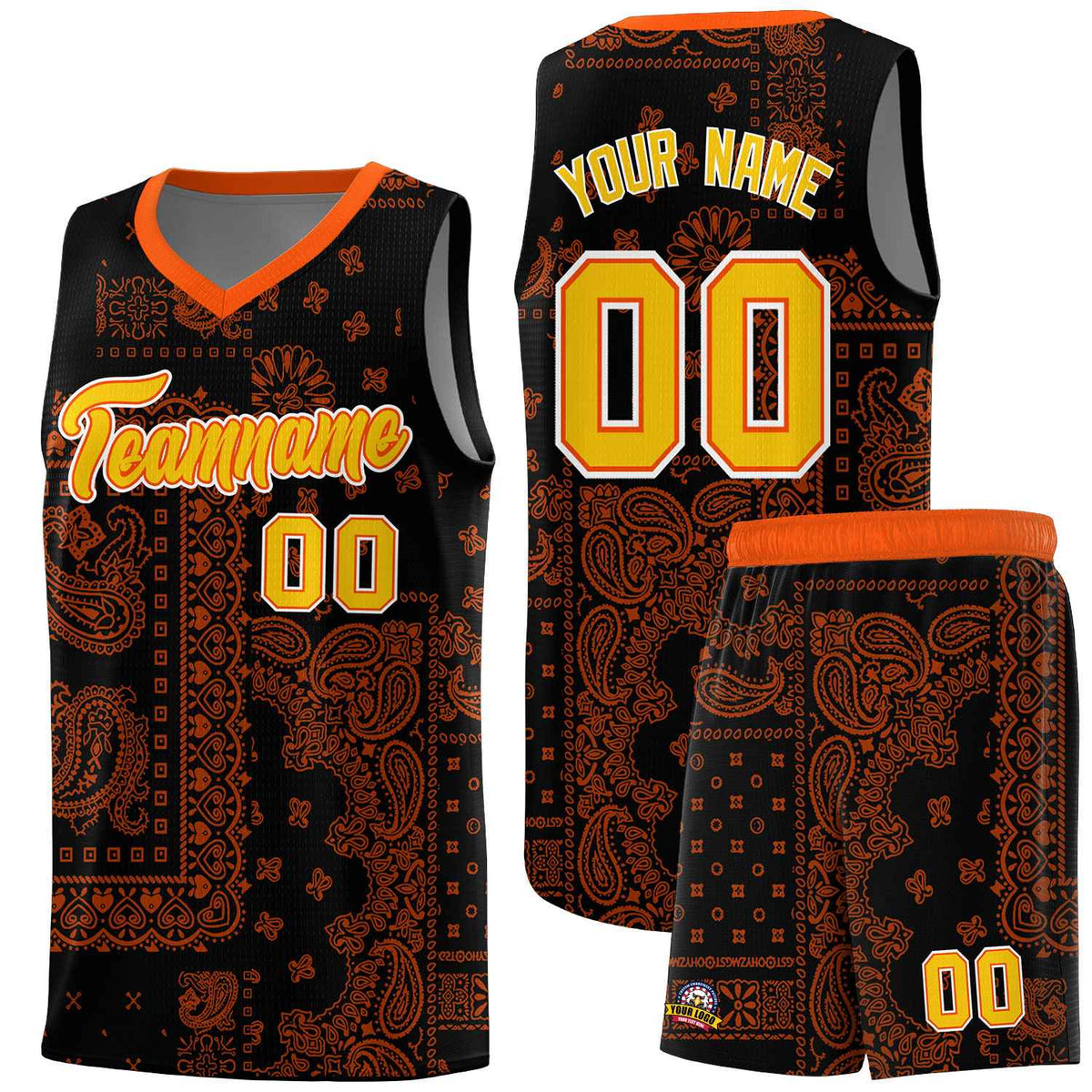 Custom Black Basketball Kits With Orange Cashew Flower Print Pattern