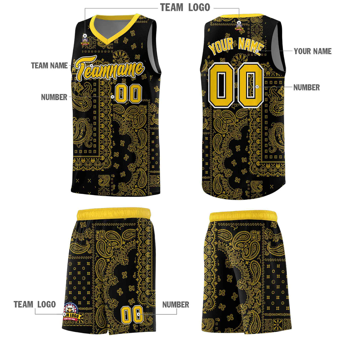 Custom Black Basketball Kits With Gold Cashew Flower Print Pattern