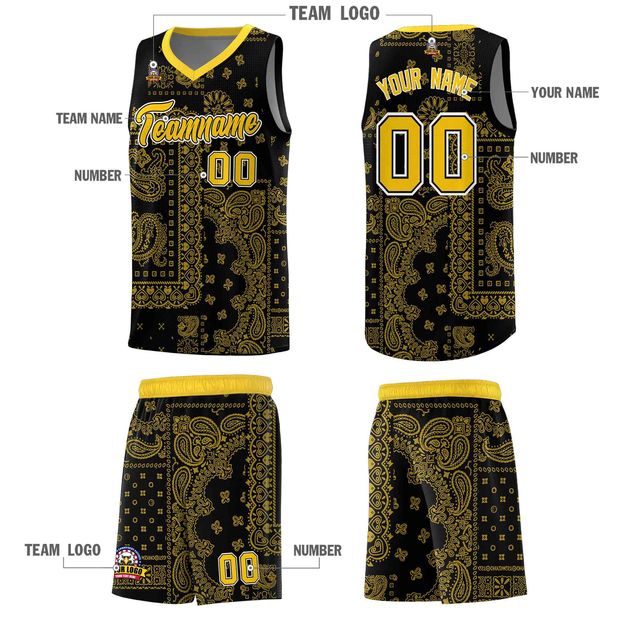 Custom Black Basketball Kits With Gold Cashew Flower Print Pattern