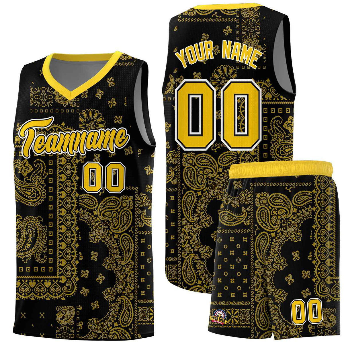 Custom Black Basketball Kits With Gold Cashew Flower Print Pattern
