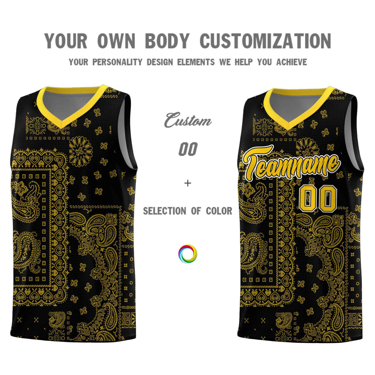 Custom Black Basketball Kits With Gold Cashew Flower Print Pattern