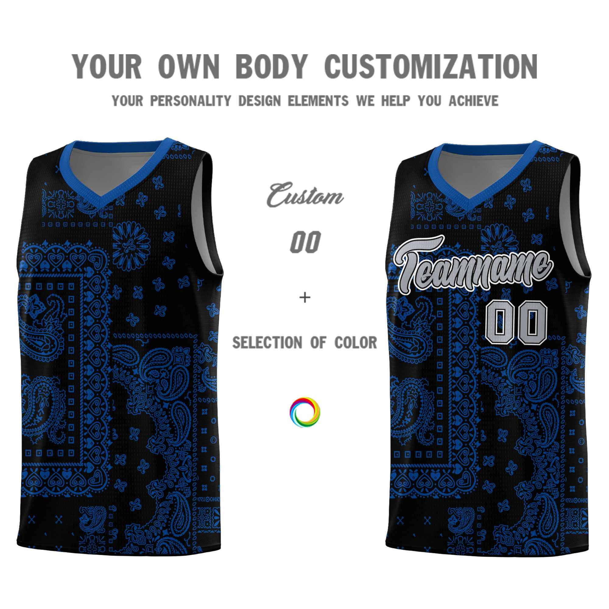 Custom Black Basketball Kits With Royal Cashew Flower Print Pattern