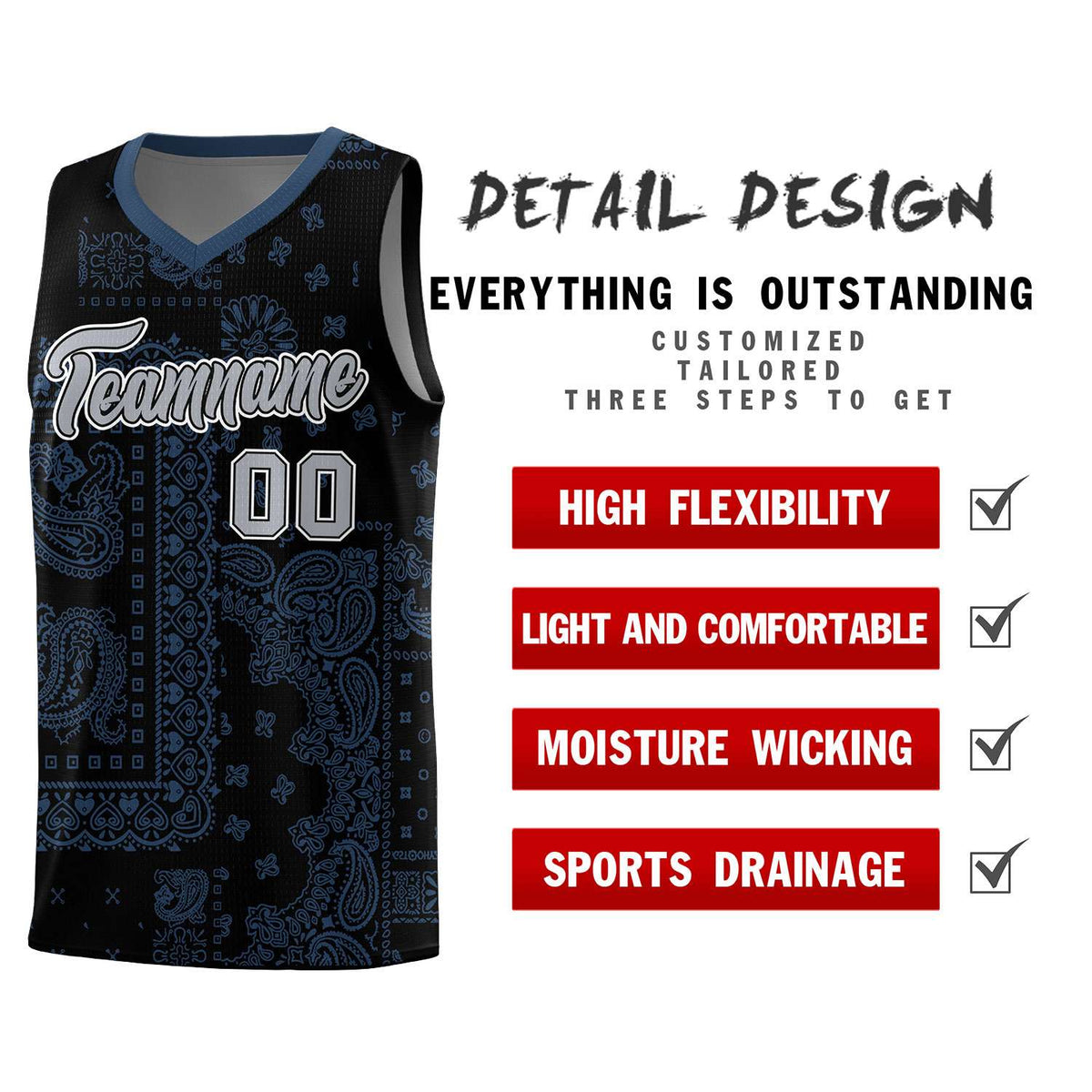 Custom Black Basketball Kits With Midnight Blue Cashew Flower Print Pattern