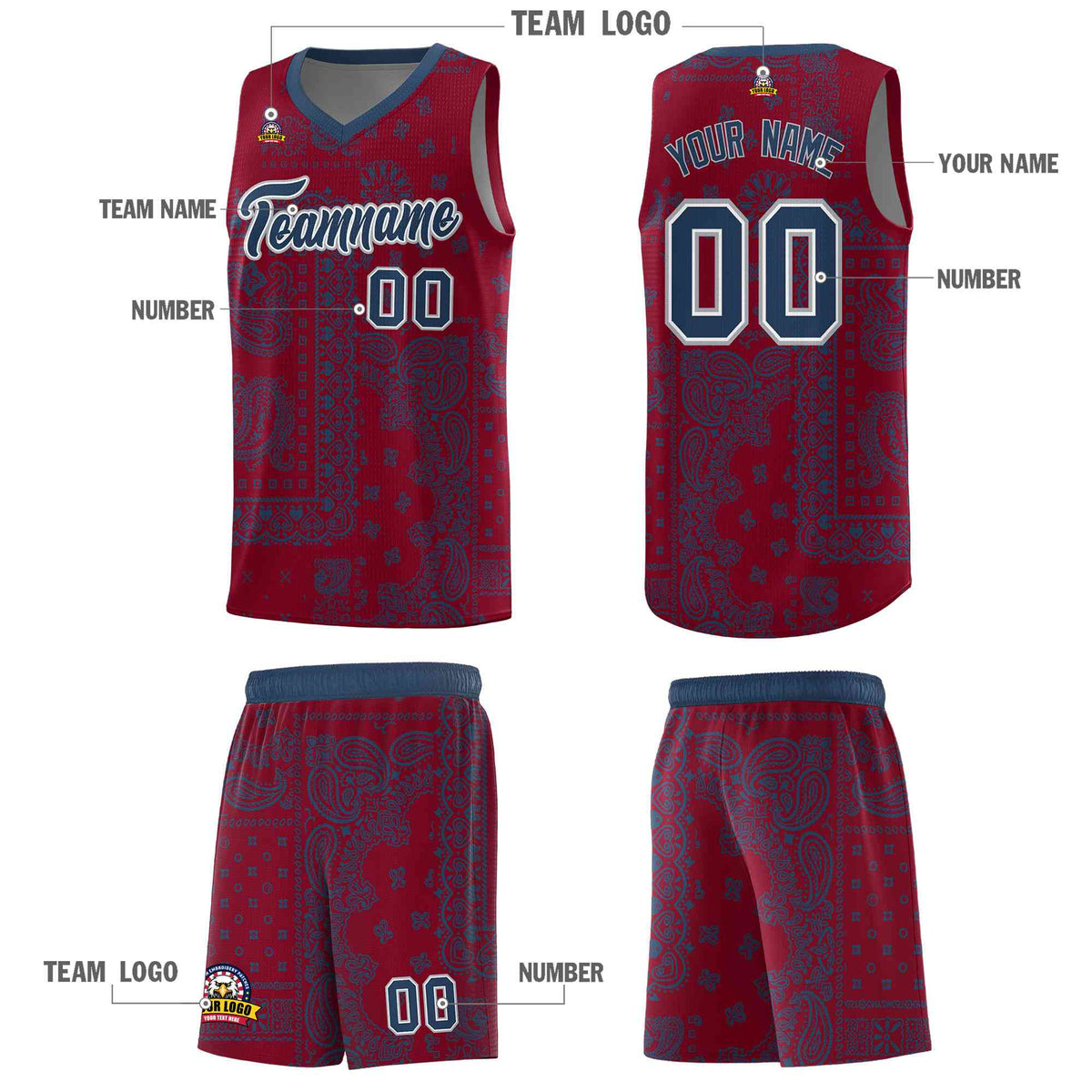 Custom Crimson Basketball Kits With Midnight Blue Cashew Flower Print Pattern