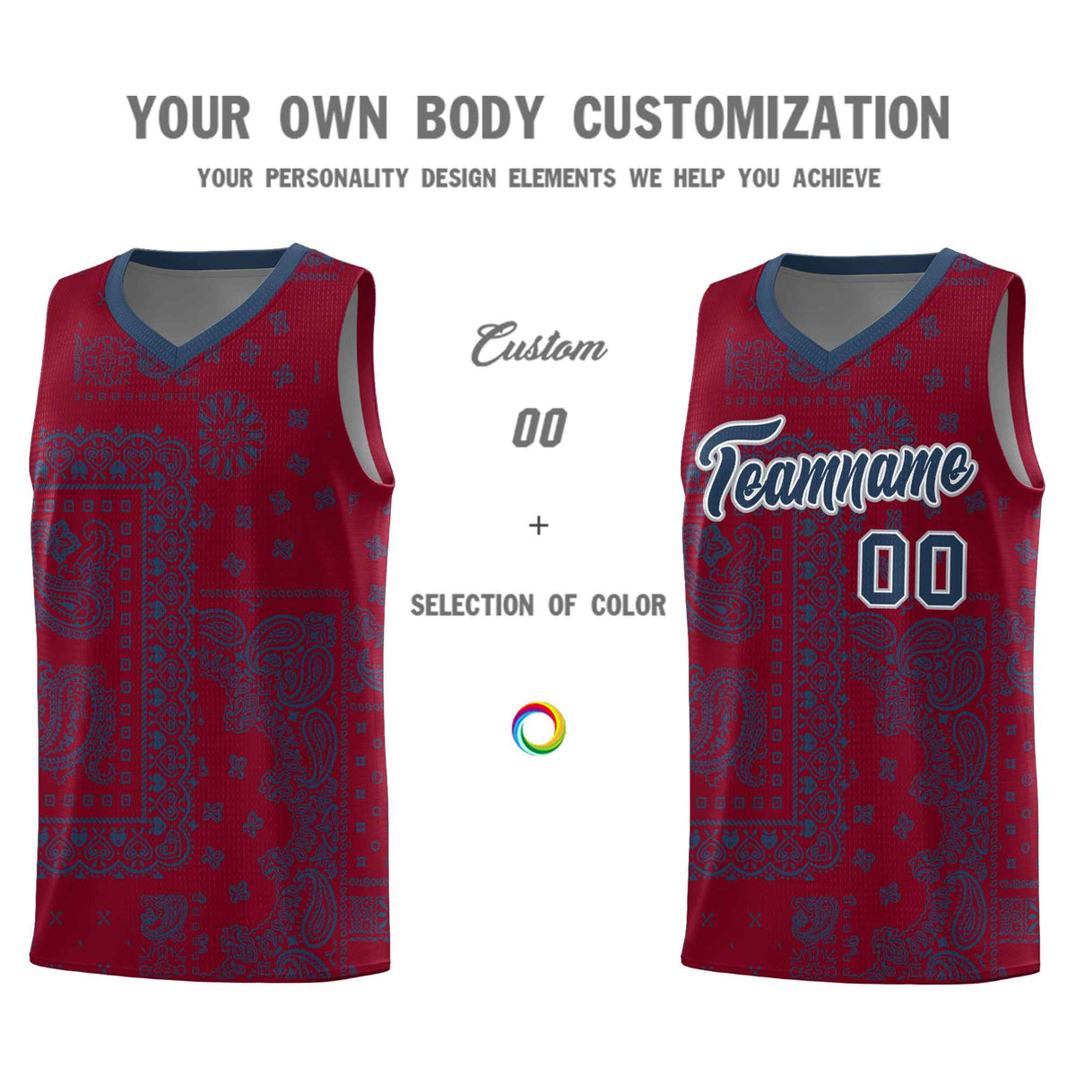 Custom Crimson Basketball Kits With Midnight Blue Cashew Flower Print Pattern
