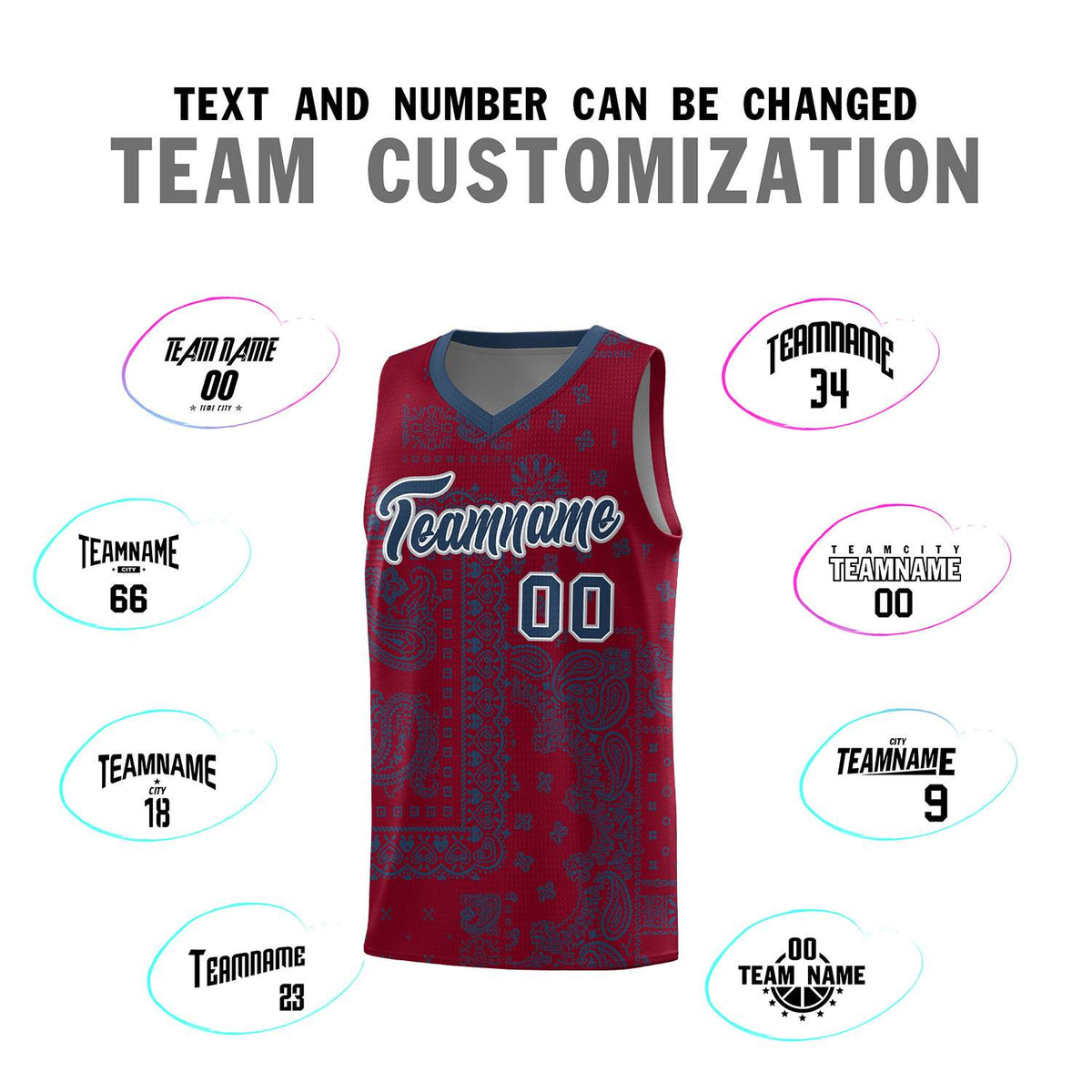 Custom Crimson Basketball Kits With Midnight Blue Cashew Flower Print Pattern