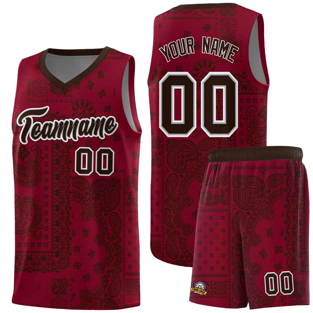 Custom Crimson Basketball Kits With Brown Cashew Flower Print Pattern