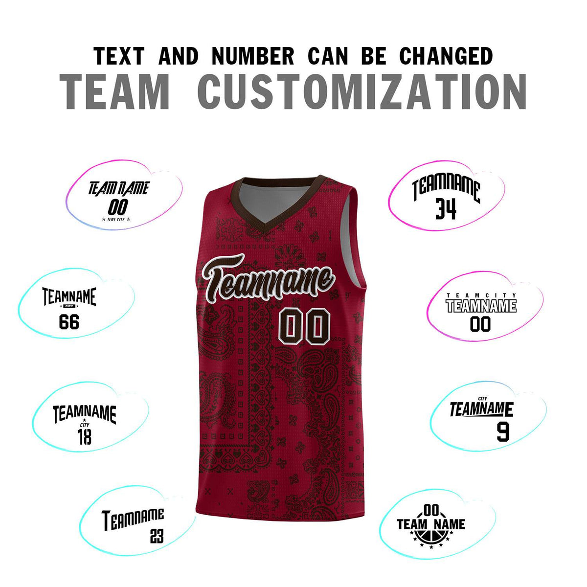 Custom Crimson Basketball Kits With Brown Cashew Flower Print Pattern