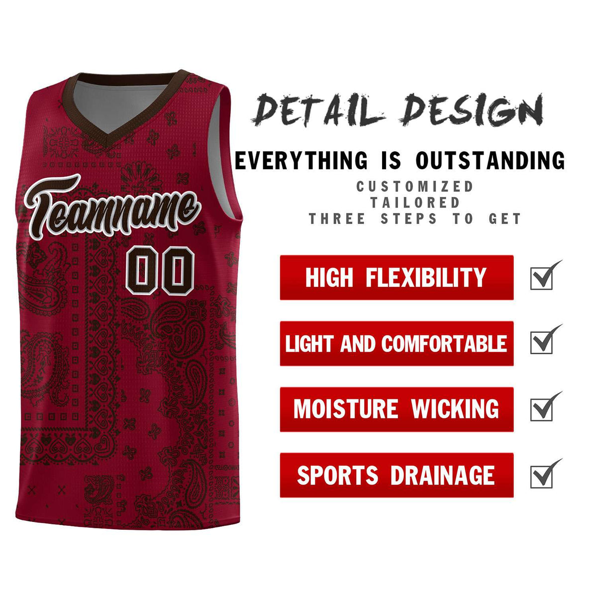 Custom Crimson Basketball Kits With Brown Cashew Flower Print Pattern