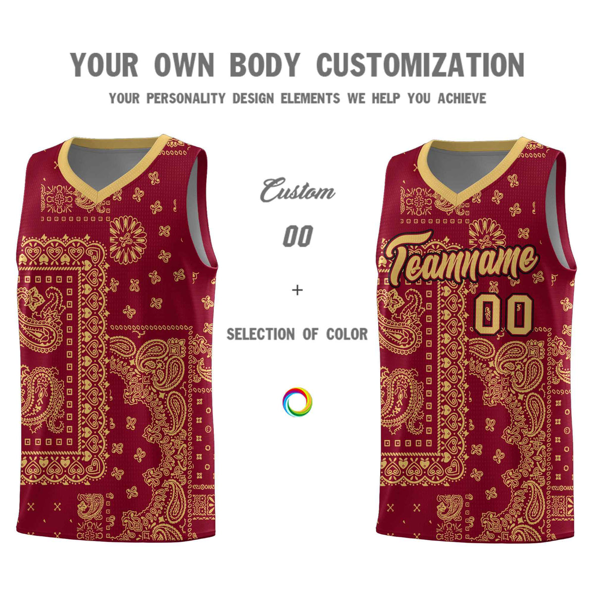 Custom Crimson Basketball Kits With Old Gold Cashew Flower Print Pattern