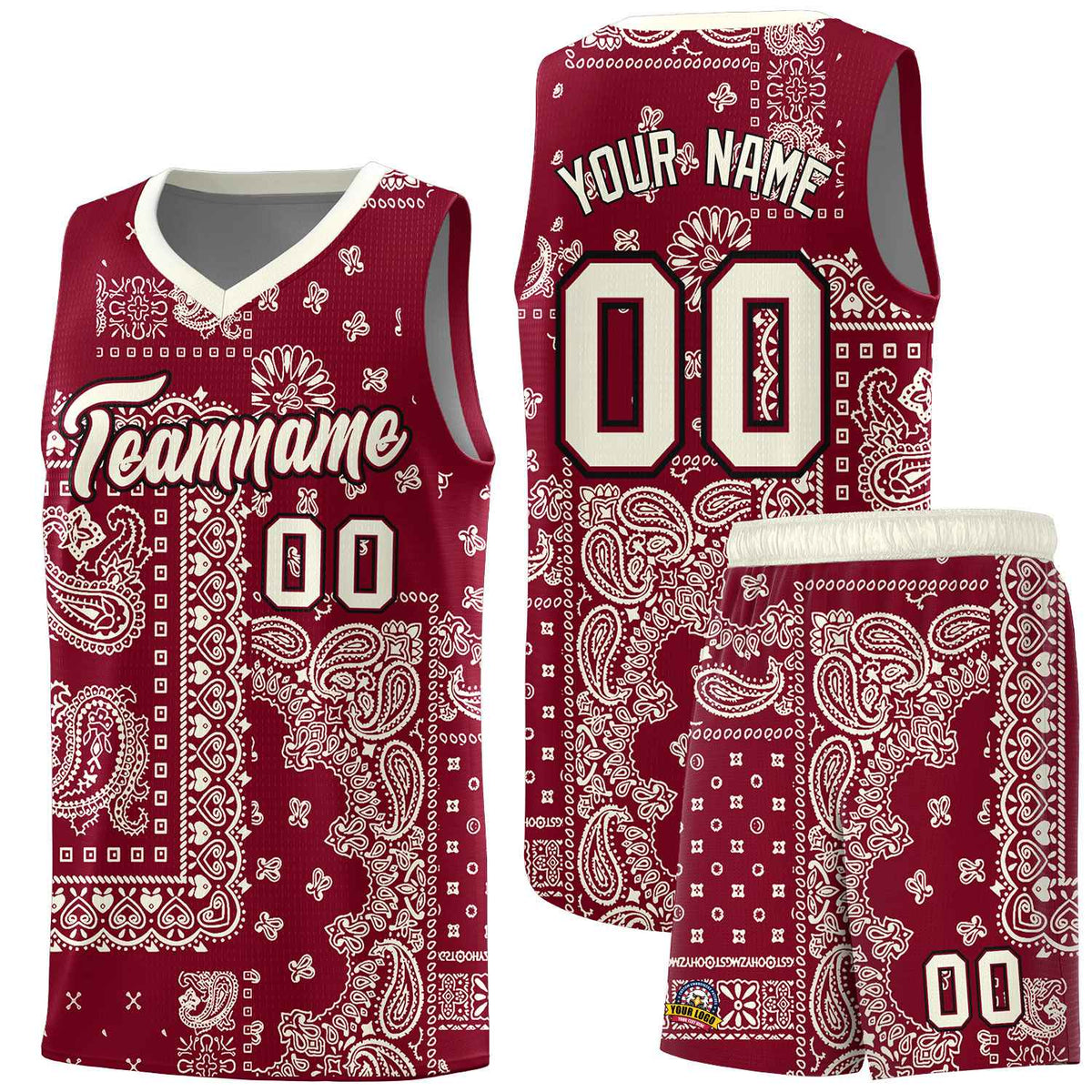Custom Crimson Basketball Kits With Cream Cashew Flower Print Pattern