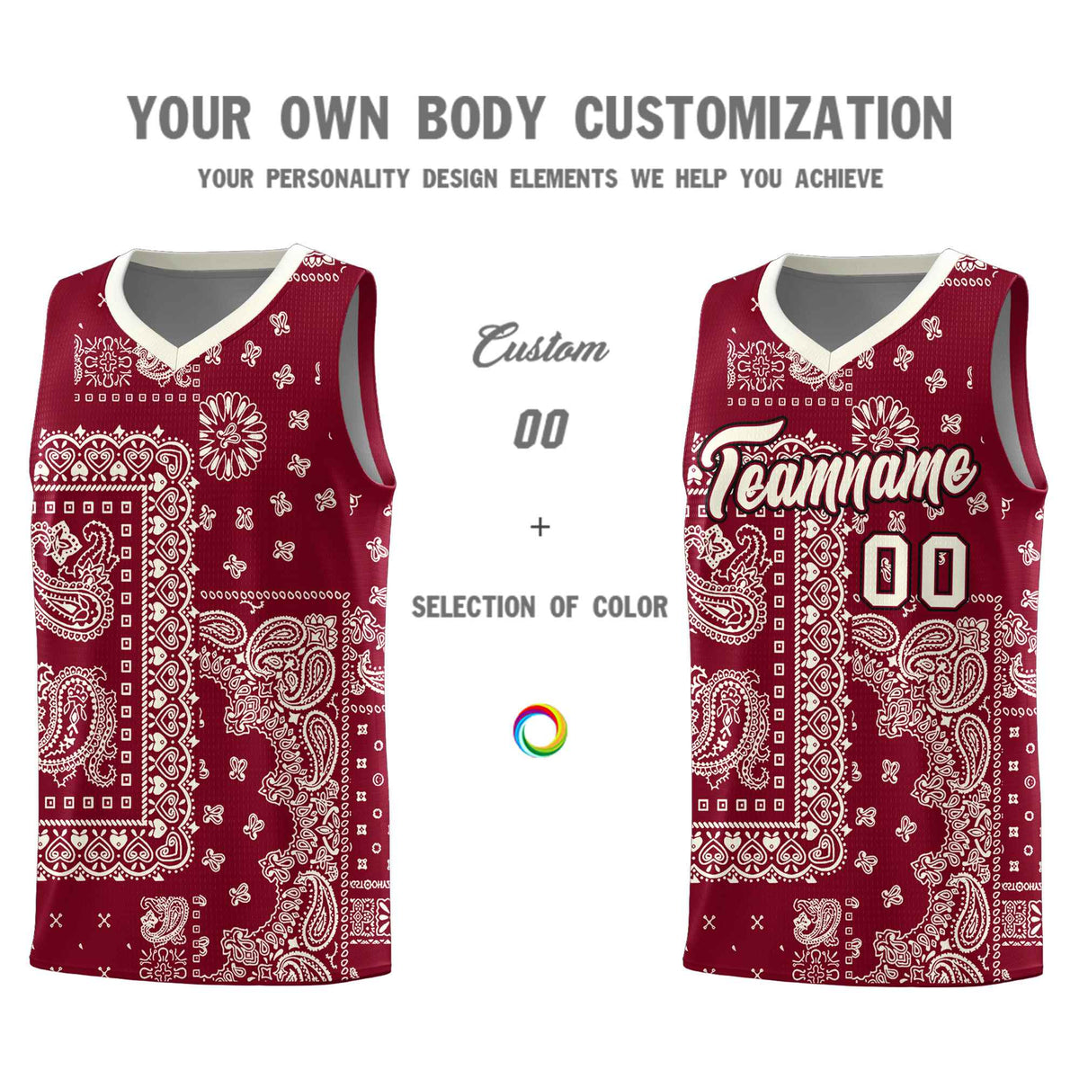Custom Crimson Basketball Kits With Cream Cashew Flower Print Pattern