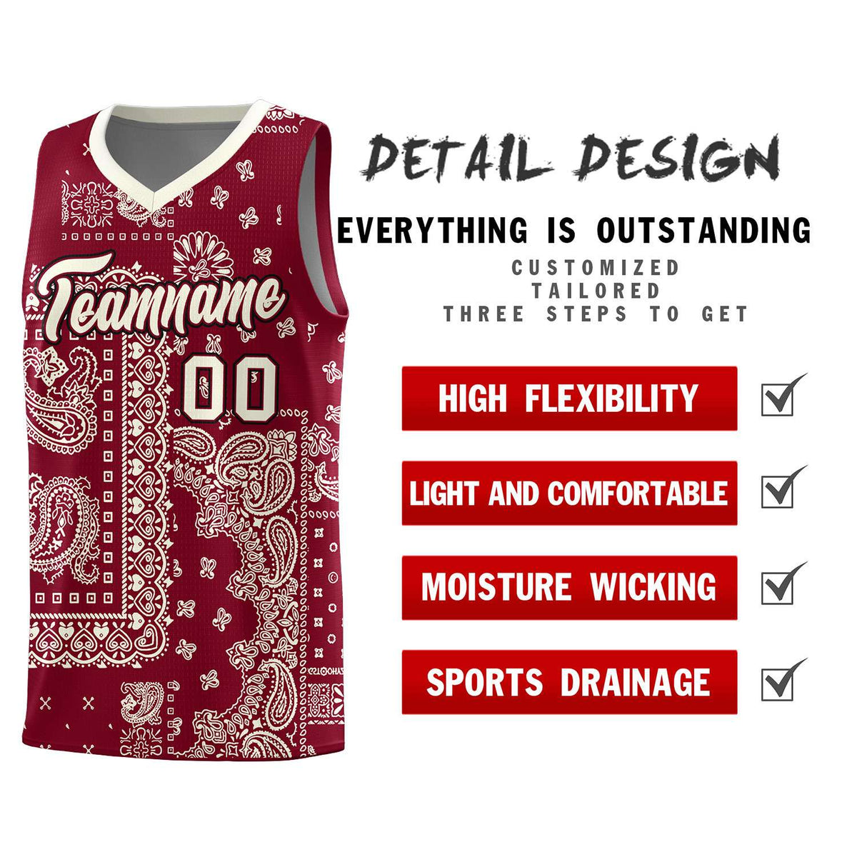 Custom Crimson Basketball Kits With Cream Cashew Flower Print Pattern