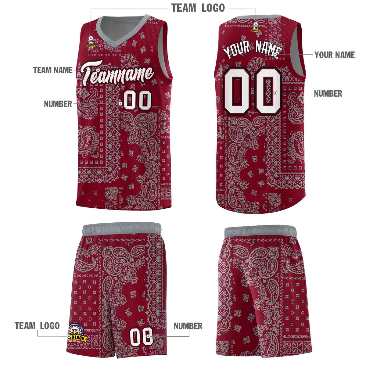 Custom Crimson Basketball Kits With Gray Cashew Flower Print Pattern