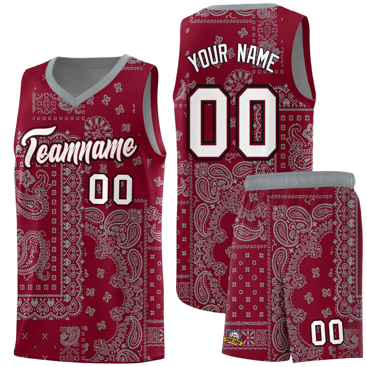 Custom Crimson Basketball Kits With Gray Cashew Flower Print Pattern