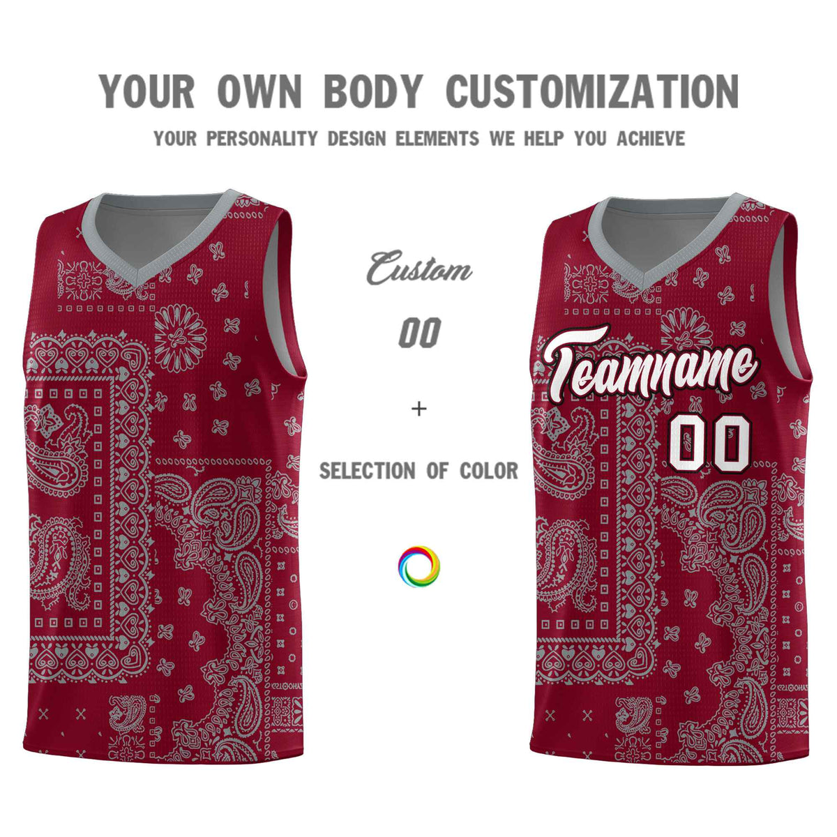 Custom Crimson Basketball Kits With Gray Cashew Flower Print Pattern