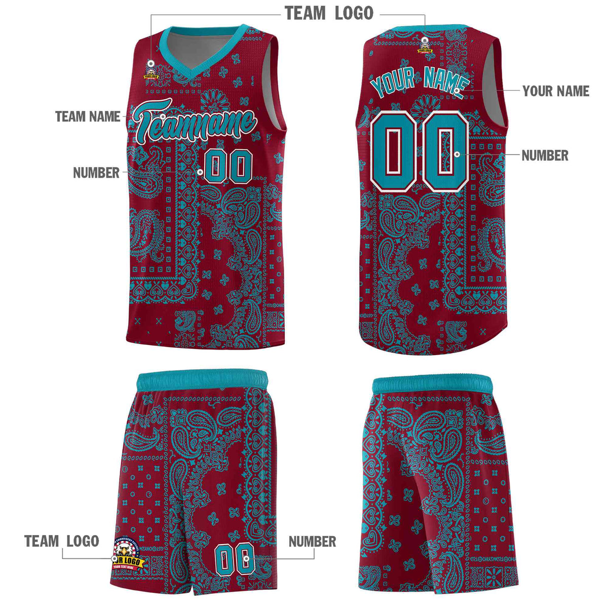 Custom Crimson Basketball Kits With Aqua Cashew Flower Print Pattern