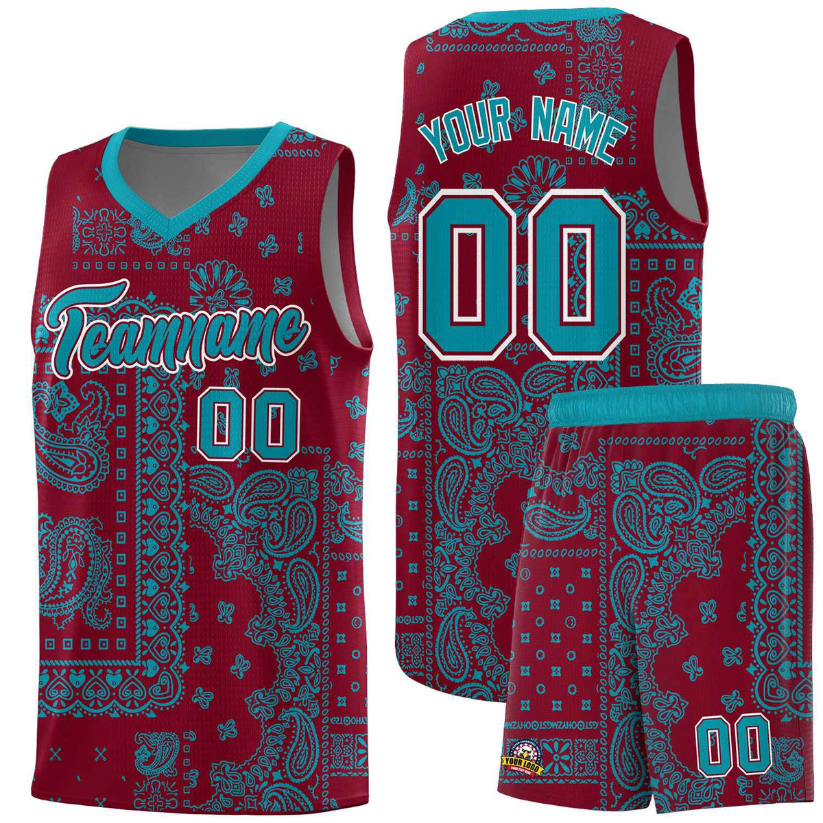 Custom Crimson Basketball Kits With Aqua Cashew Flower Print Pattern