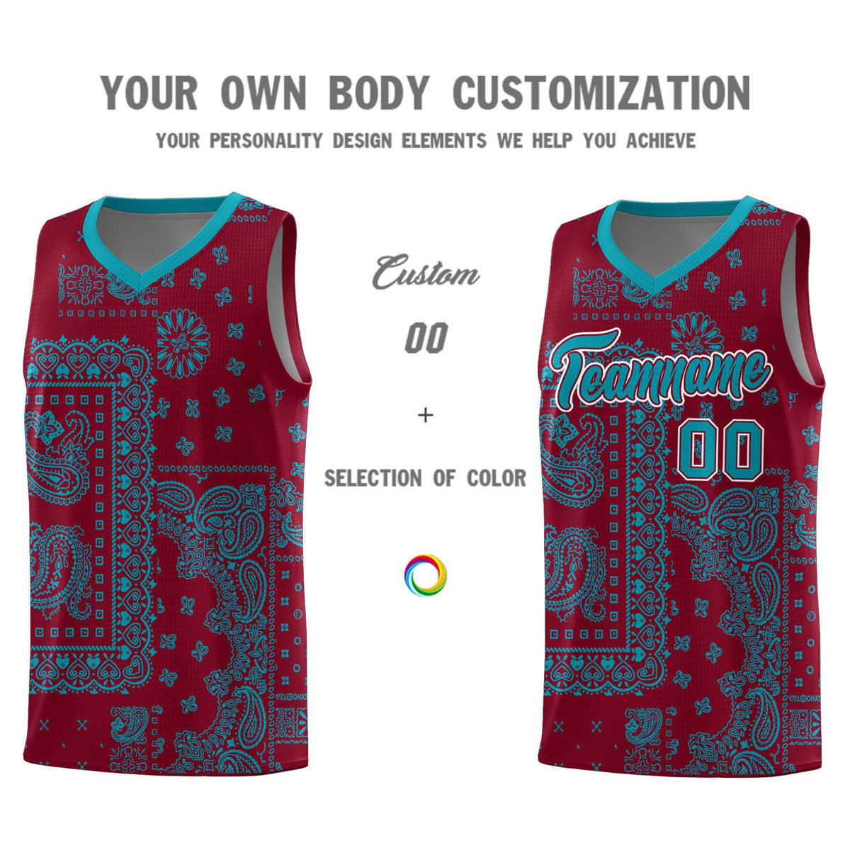 Custom Crimson Basketball Kits With Aqua Cashew Flower Print Pattern