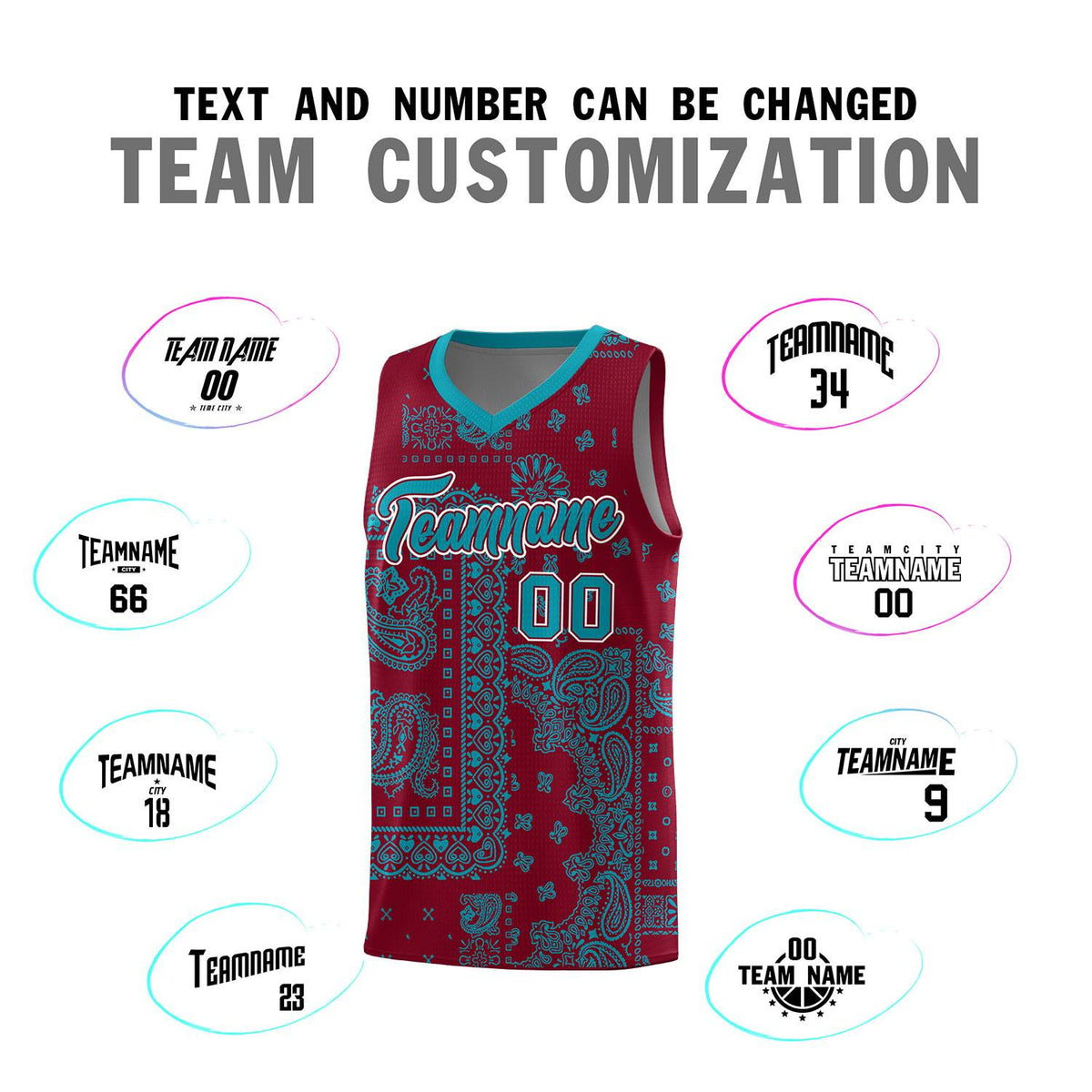 Custom Crimson Basketball Kits With Aqua Cashew Flower Print Pattern