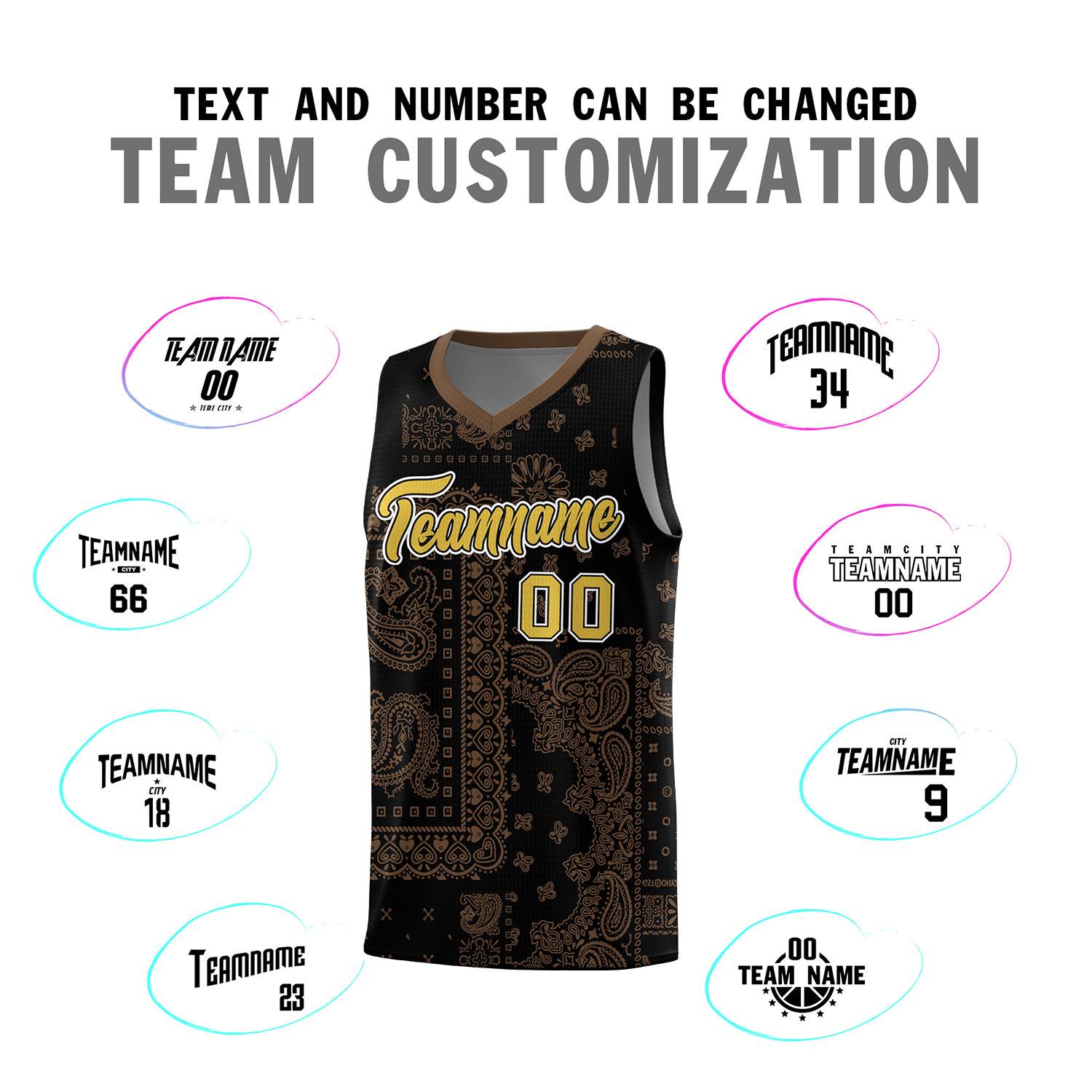 Custom Black Basketball Kits With Light Brown Cashew Flower Print Pattern