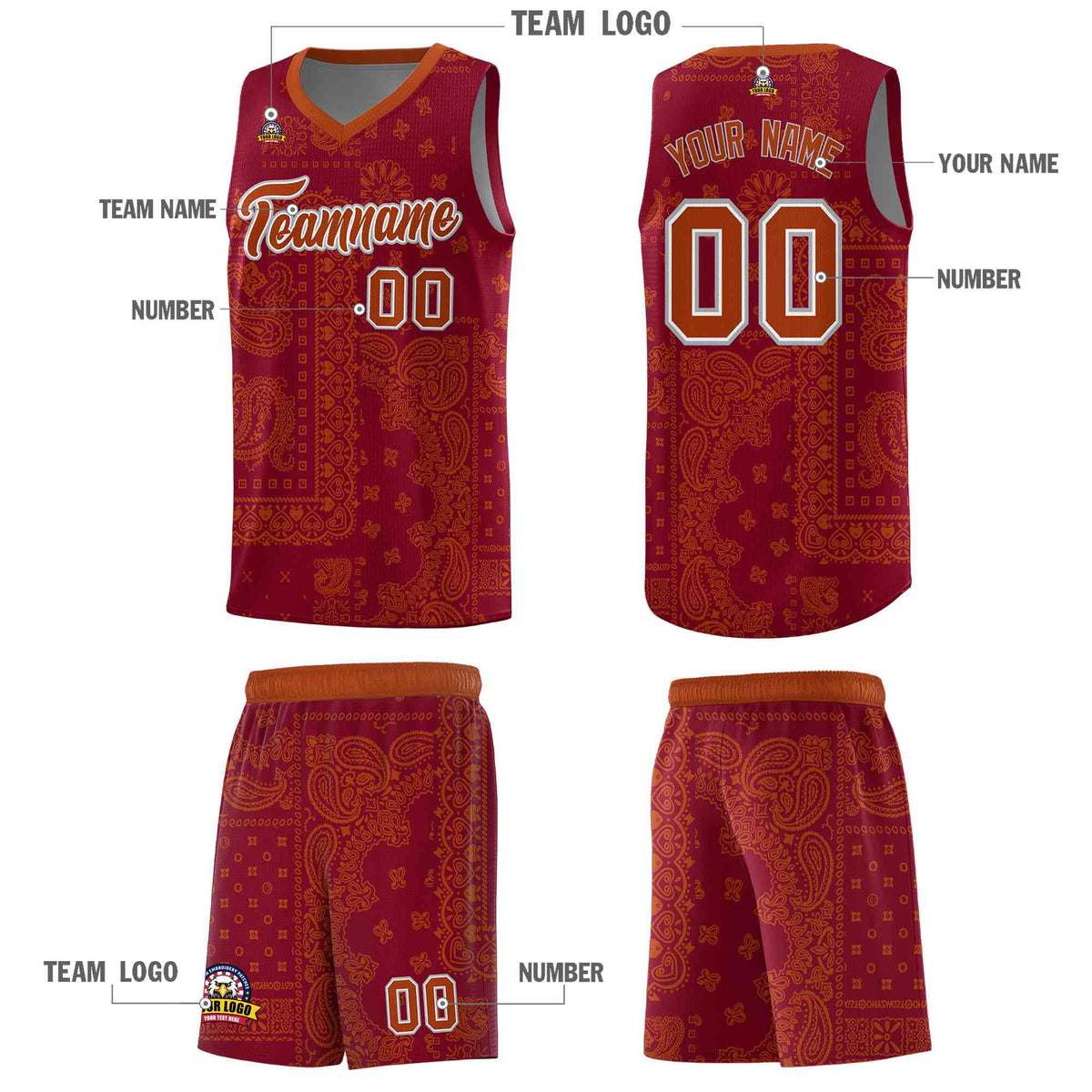 Custom Crimson Basketball Kits With Texas Orange Cashew Flower Print Pattern