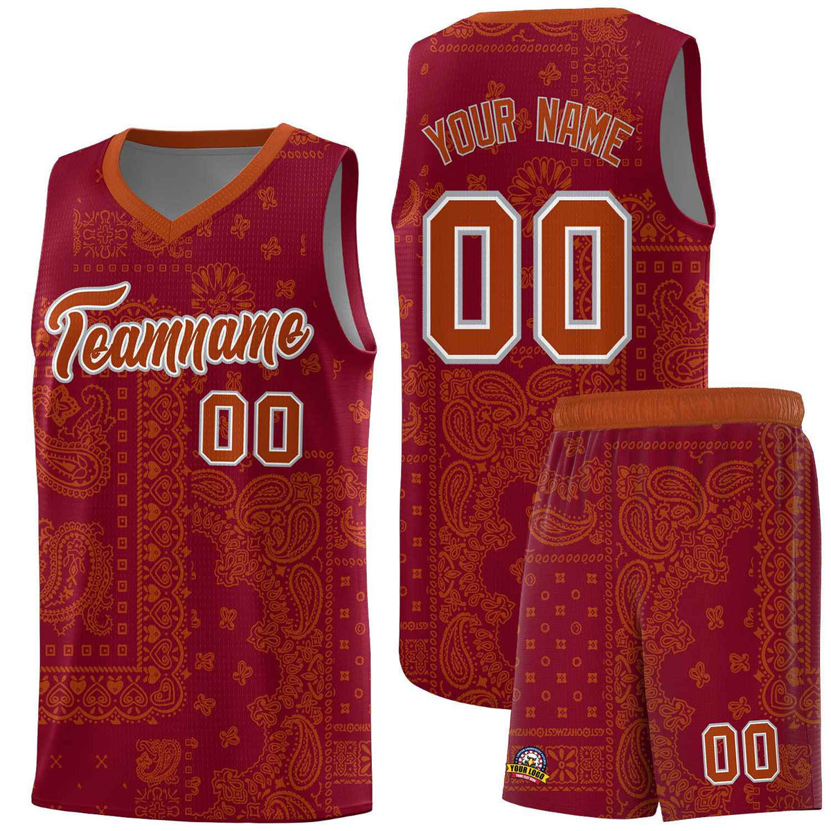 Custom Crimson Basketball Kits With Texas Orange Cashew Flower Print Pattern
