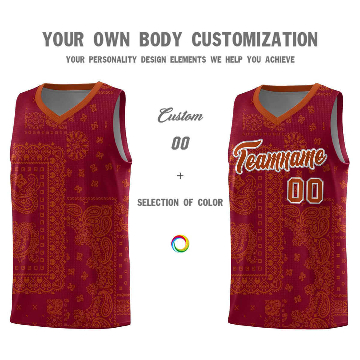 Custom Crimson Basketball Kits With Texas Orange Cashew Flower Print Pattern