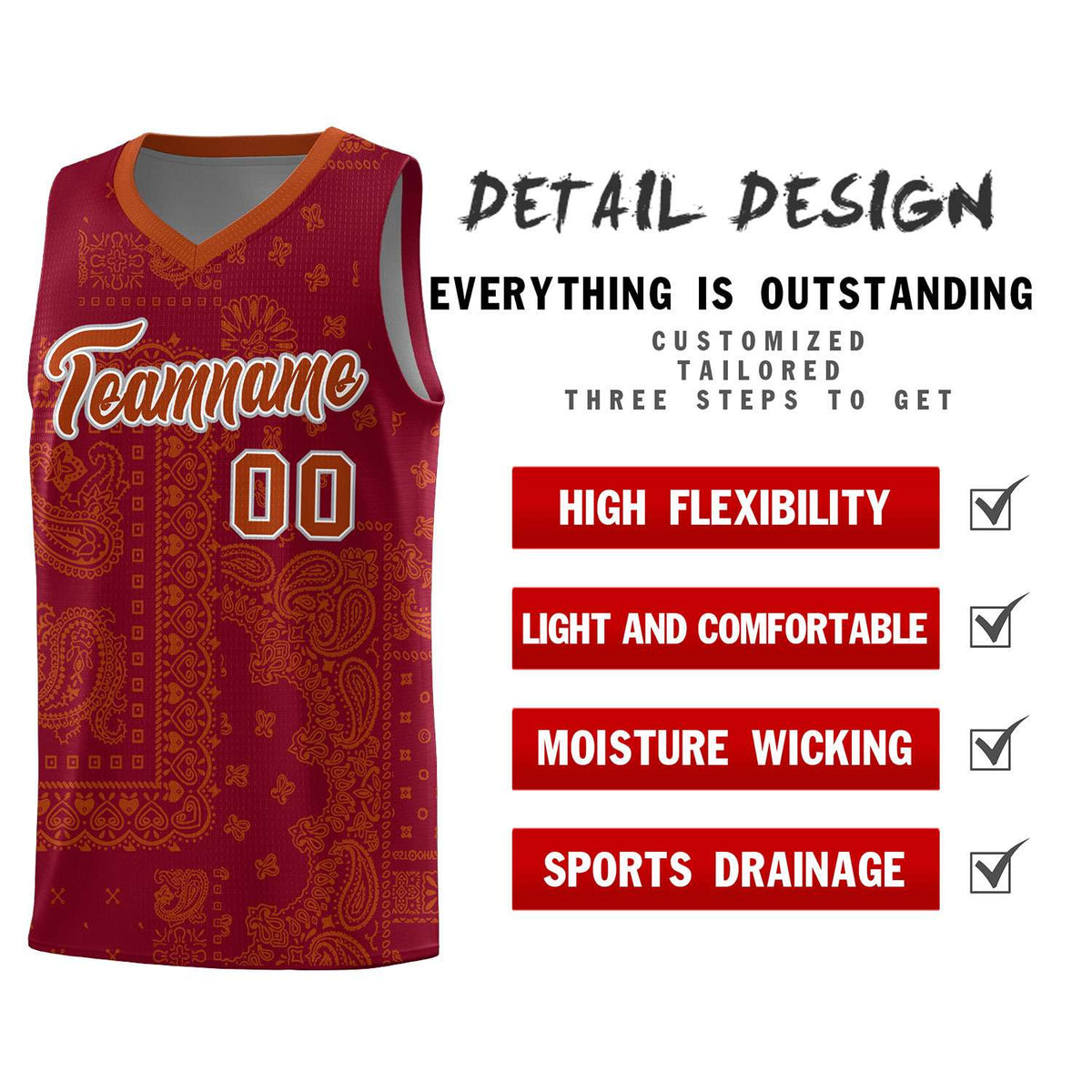 Custom Crimson Basketball Kits With Texas Orange Cashew Flower Print Pattern