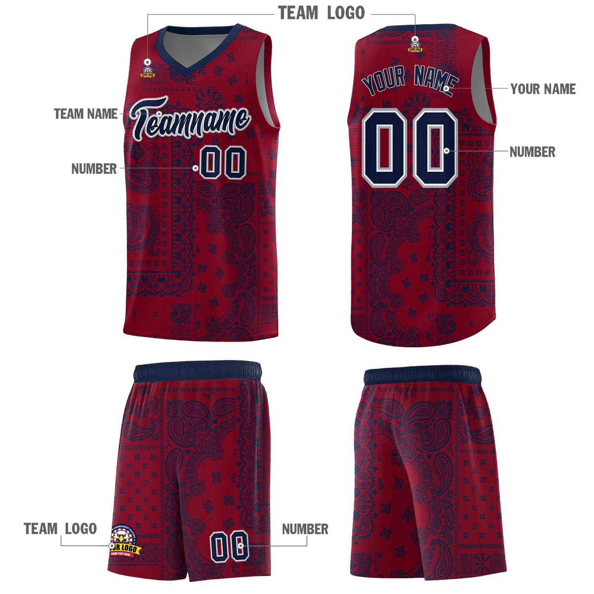 Custom Crimson Basketball Kits With Navy Cashew Flower Print Pattern
