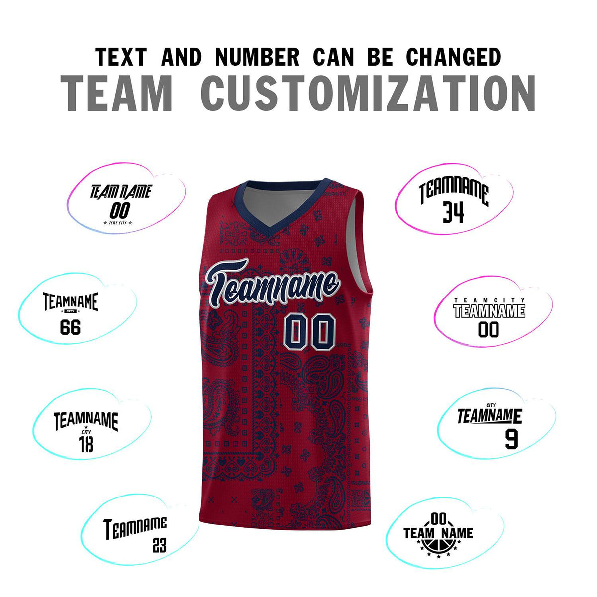 Custom Crimson Basketball Kits With Navy Cashew Flower Print Pattern