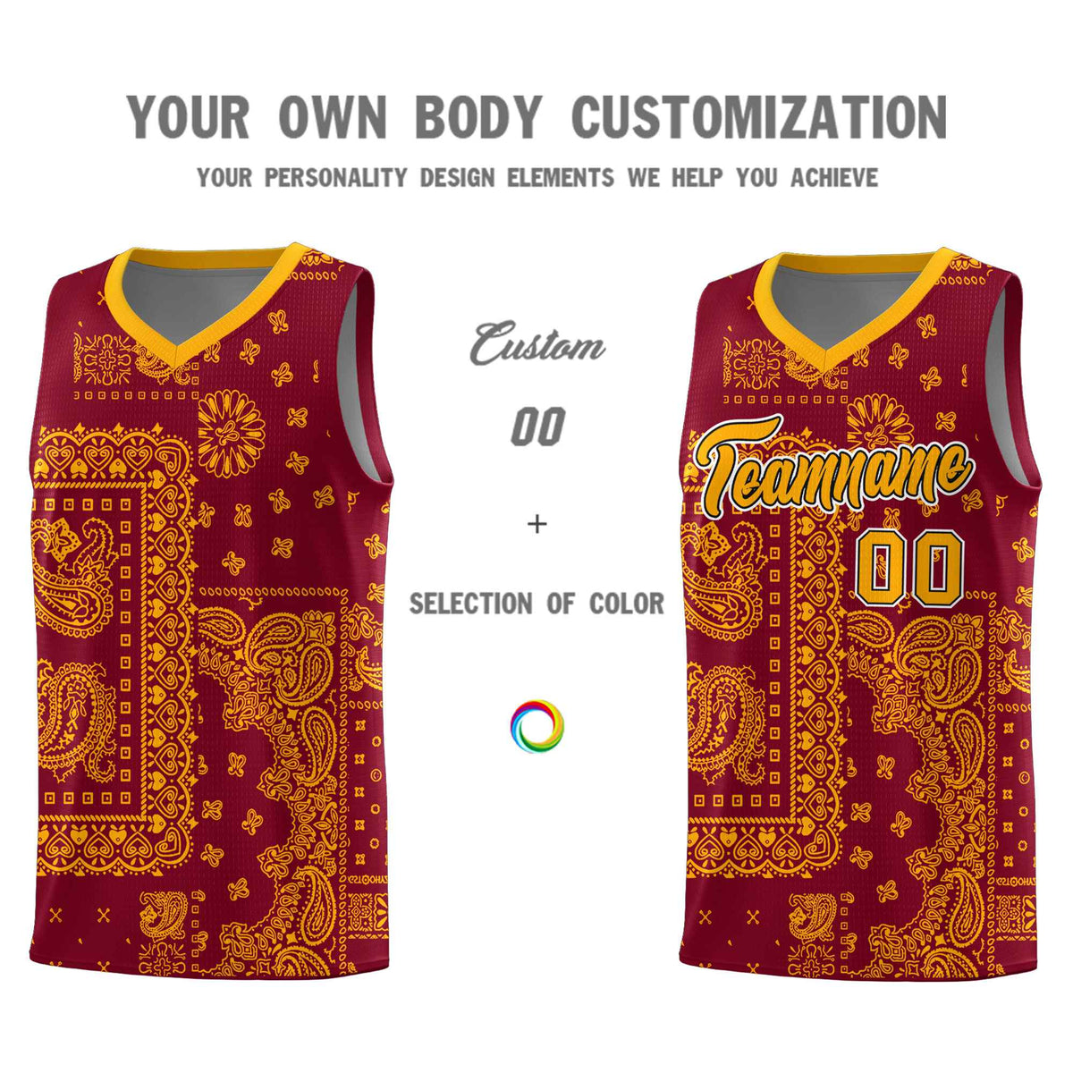 Custom Crimson Basketball Kits With Royal Cashew Flower Print Pattern