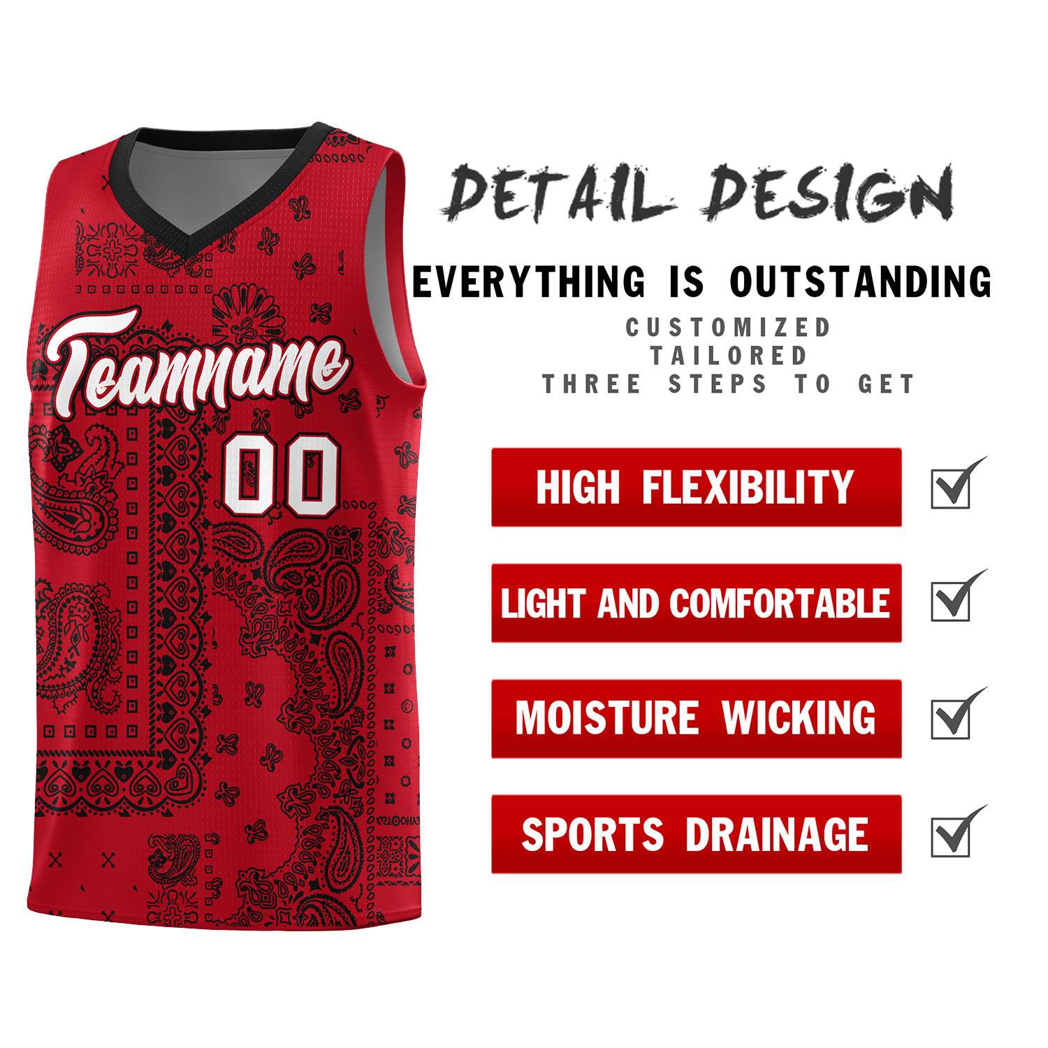 Custom Red Basketball Kits With Black Cashew Flower Print Pattern
