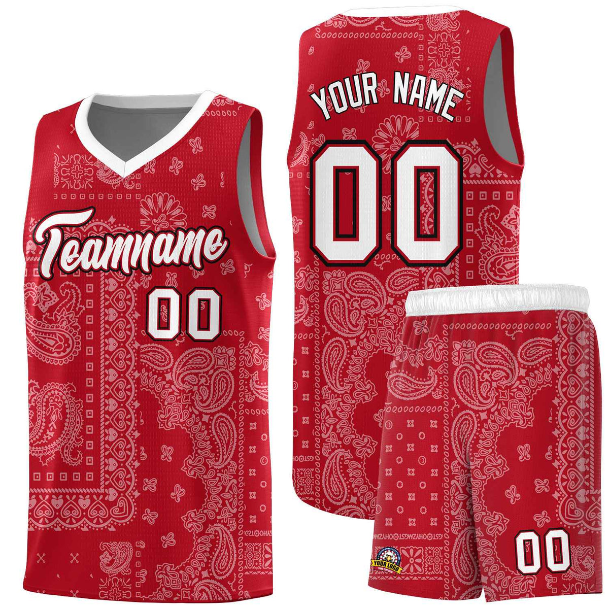 Custom Red Basketball Kits With White Cashew Flower Print Pattern