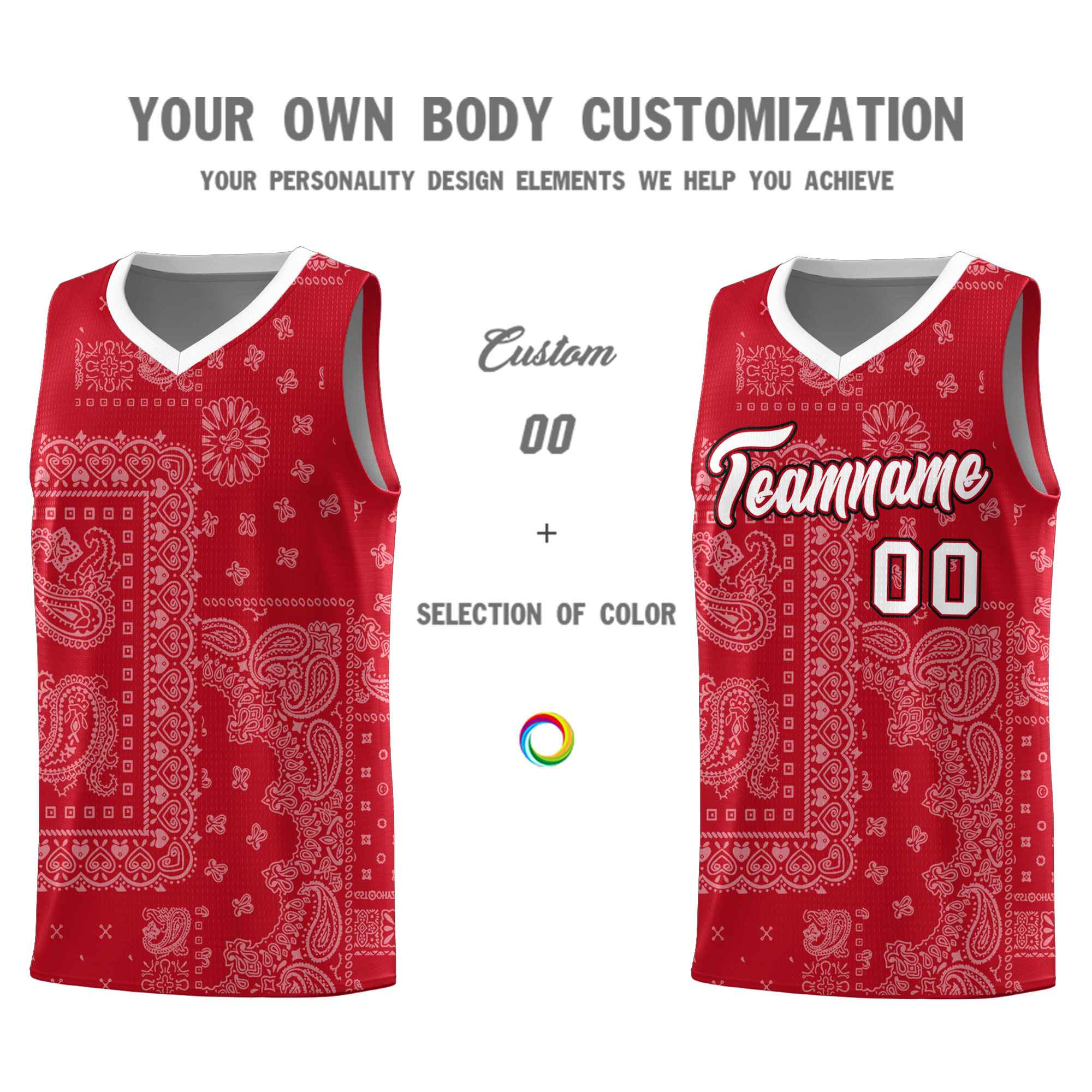 Custom Red Basketball Kits With White Cashew Flower Print Pattern