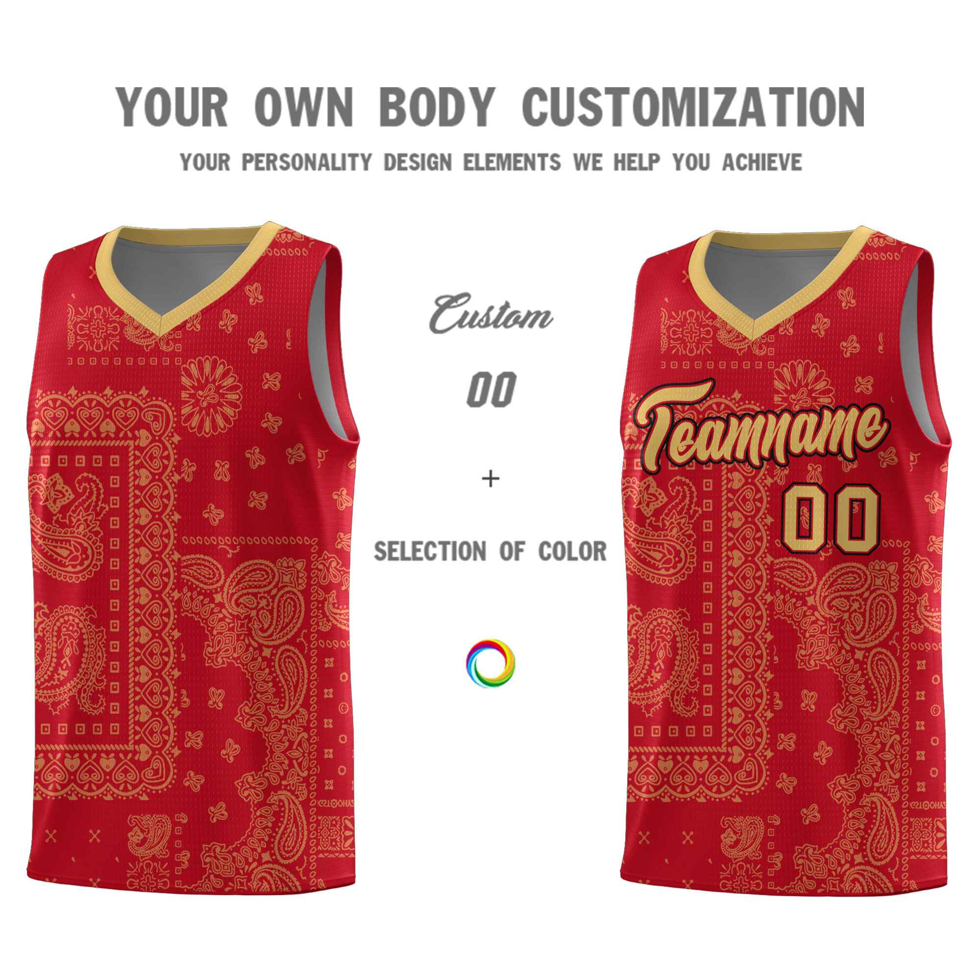 Custom Red Basketball Kits With Old Gold Cashew Flower Print Pattern