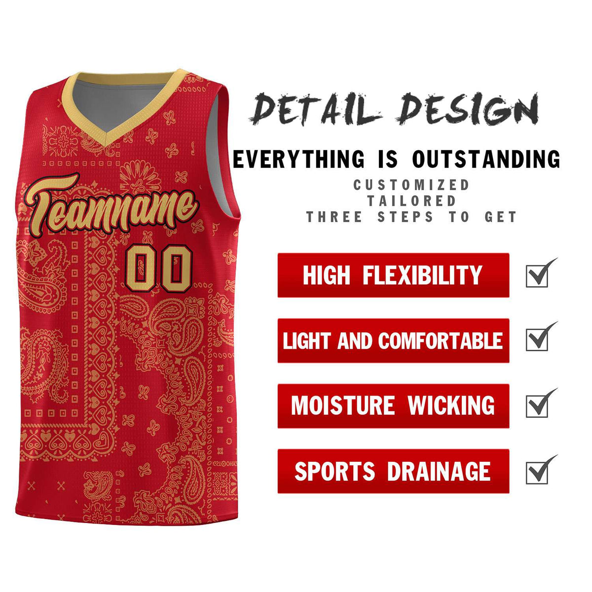 Custom Red Basketball Kits With Old Gold Cashew Flower Print Pattern