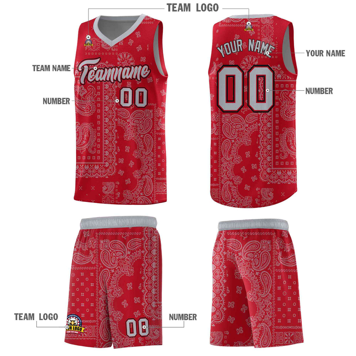 Custom Red Basketball Kits With Silver Gray Cashew Flower Print Pattern