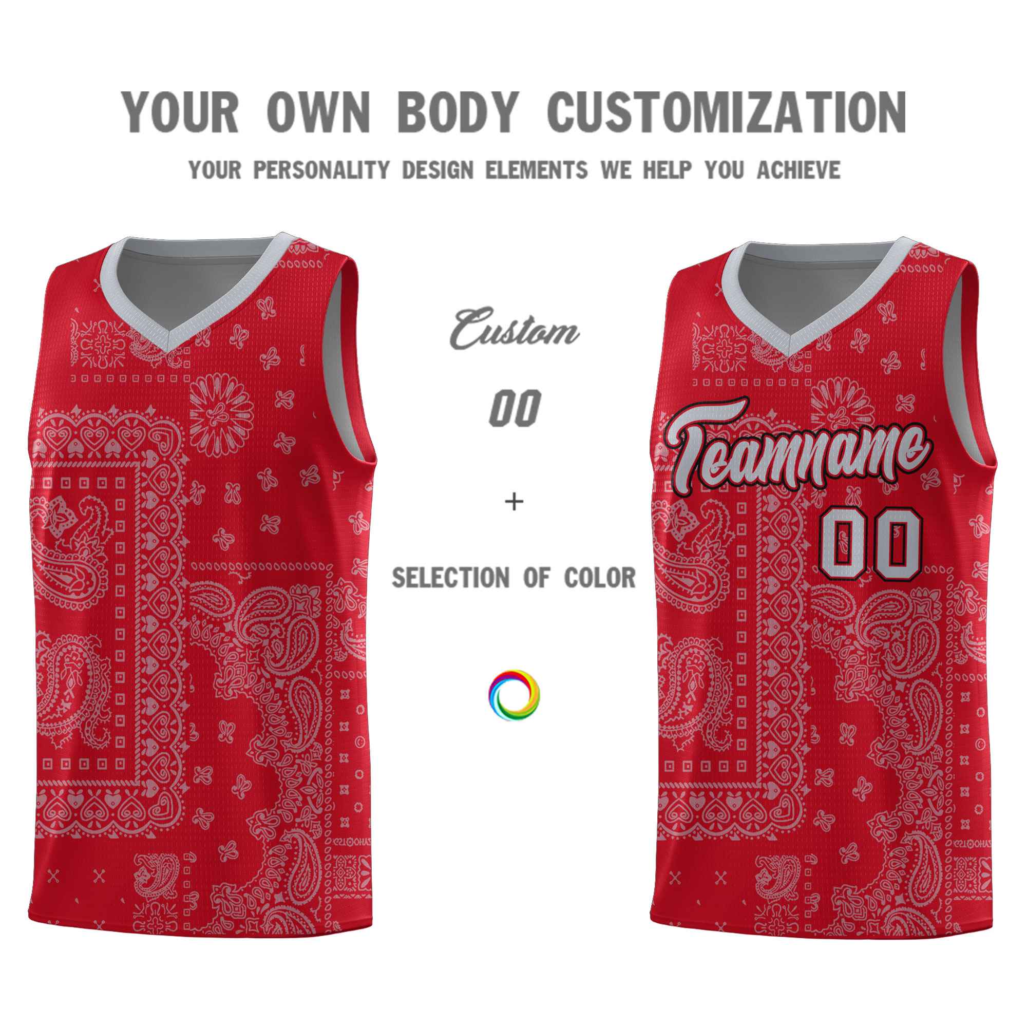Custom Red Basketball Kits With Silver Gray Cashew Flower Print Pattern