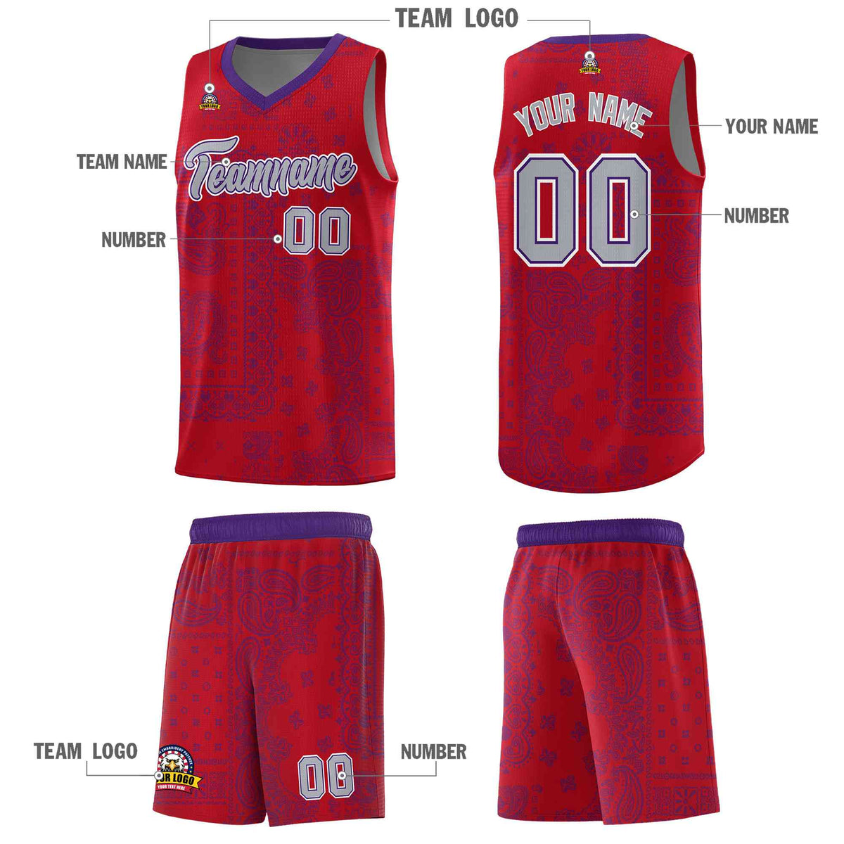 Custom Red Basketball Kits With Purple Cashew Flower Print Pattern