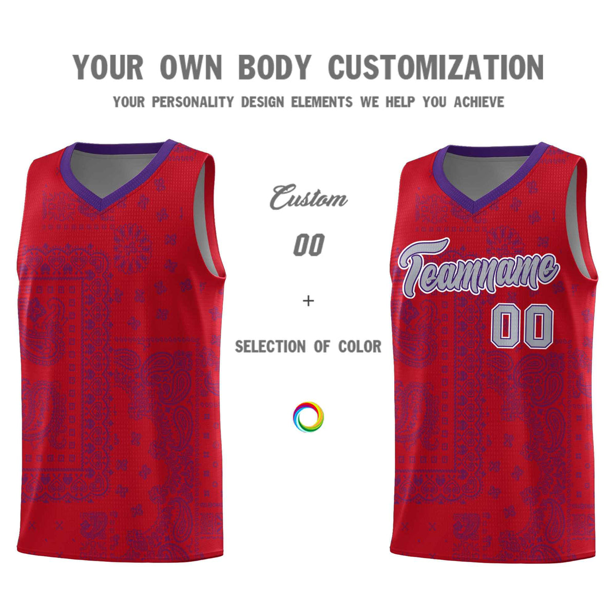 Custom Red Basketball Kits With Purple Cashew Flower Print Pattern