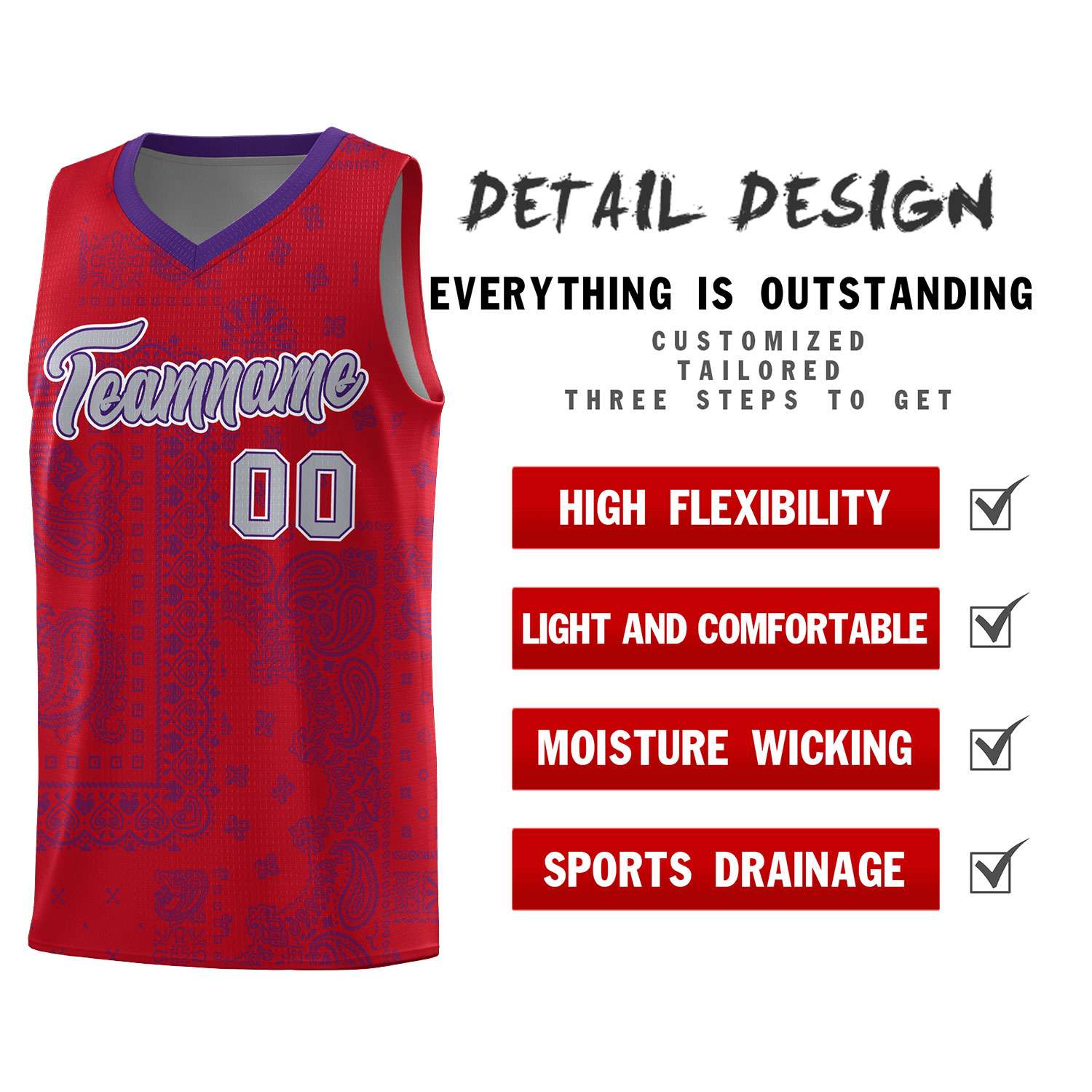 Custom Red Basketball Kits With Purple Cashew Flower Print Pattern