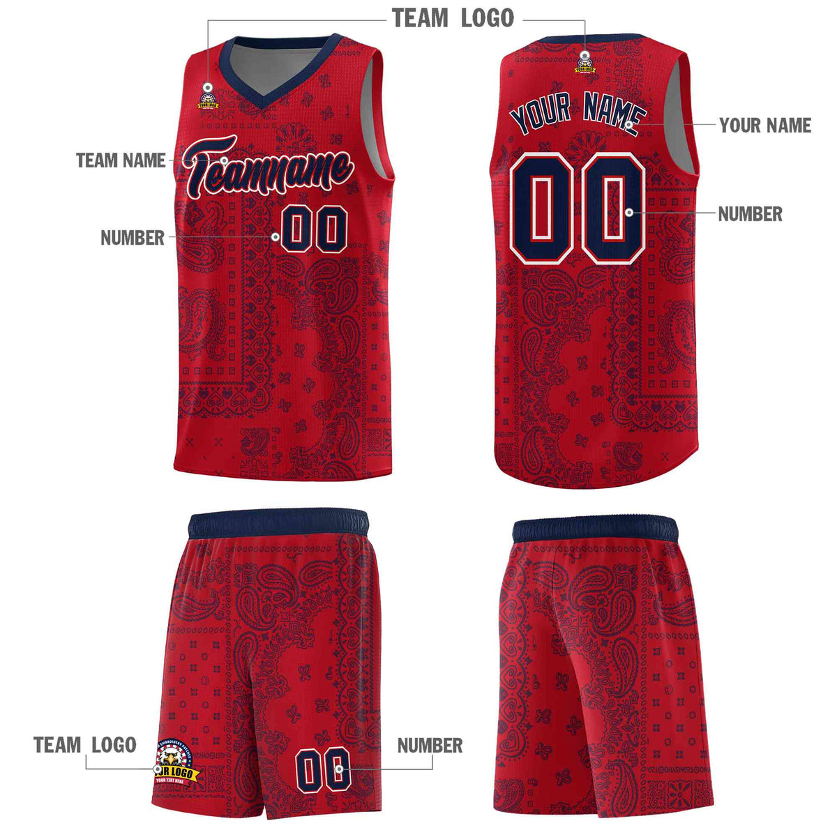 Custom Red Basketball Kits With Navy Cashew Flower Print Pattern