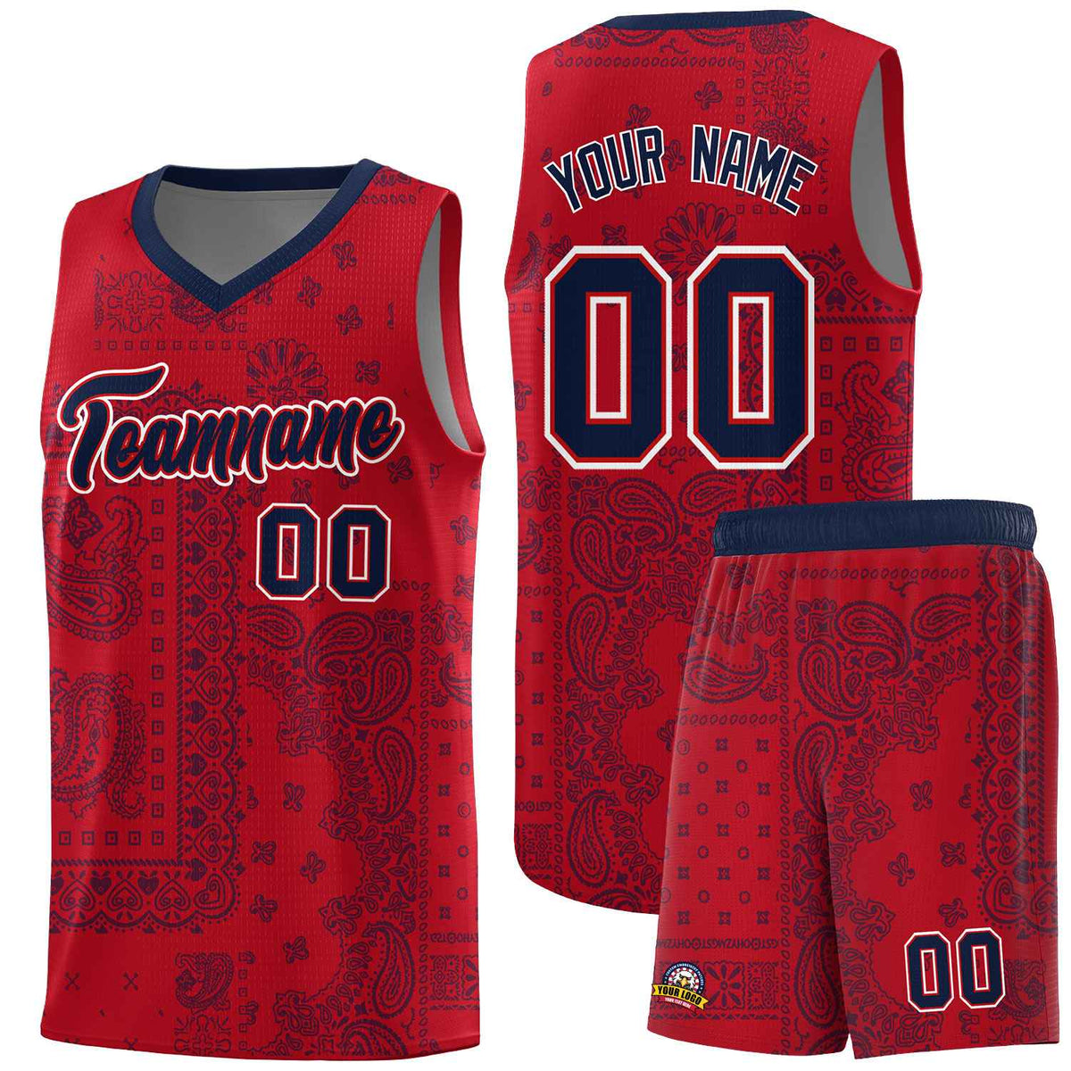 Custom Red Basketball Kits With Navy Cashew Flower Print Pattern