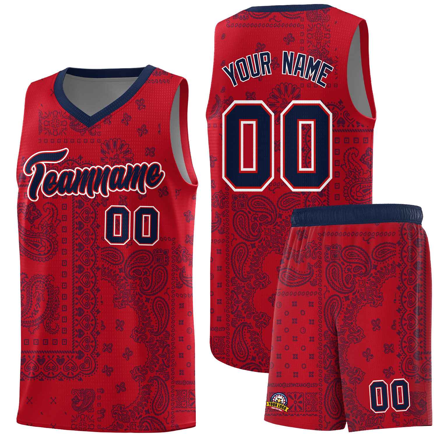 Custom Red Basketball Kits With Navy Cashew Flower Print Pattern